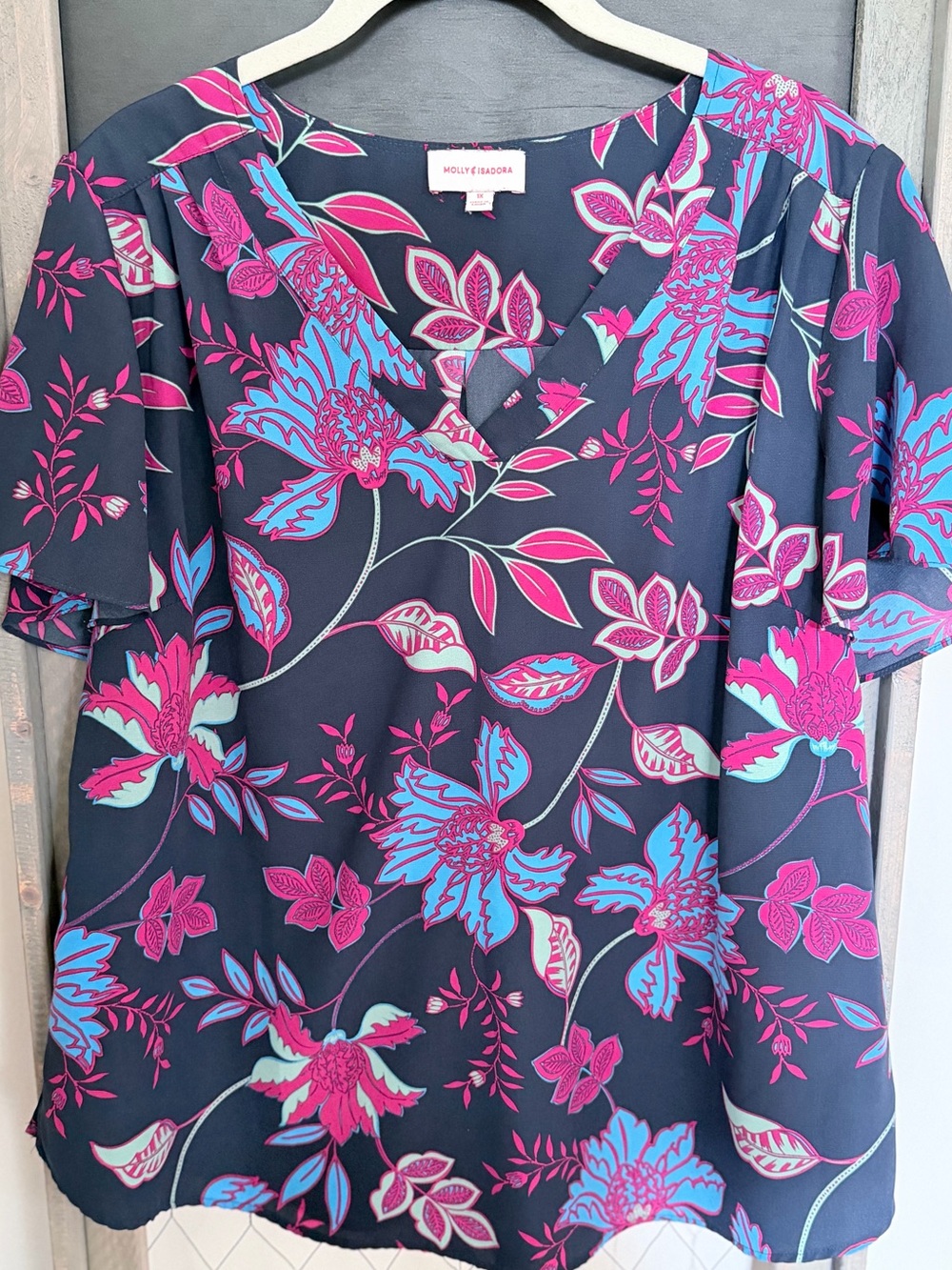 Molly & Isadora 1X Navy Pink Floral Boho Flutter Sleeve Blouse